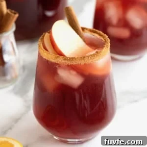 A glass rimmed with cinnamon sugar filled with apple cider sangria.