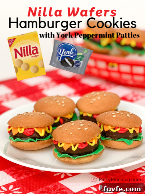Nilla Wafer Hamburger Cookie Recipe: Classic Mini Sandwich Cookies 2 Nilla Wafers hamburger cookies, York peppermint patties, easy potluck picnic BBQ no-bake cookies