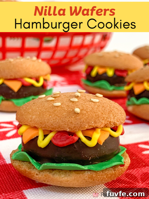 Nilla Wafer Hamburger Cookie Recipe: Classic Mini Sandwich Cookies 3 Nilla Wafers hamburger cookies, York peppermint patties, easy potluck picnic BBQ no-bake cookies