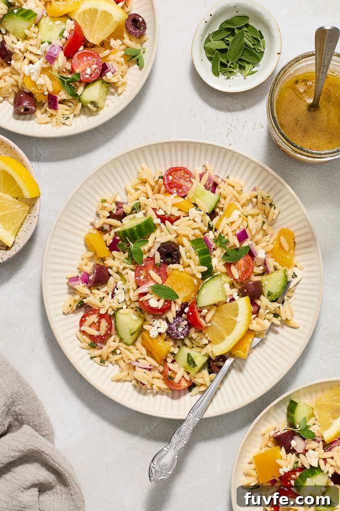 Greek Orzo Salad with Feta, Olives and Lemon Dressing 6 Greek pasta salad with orzo on serving plates.