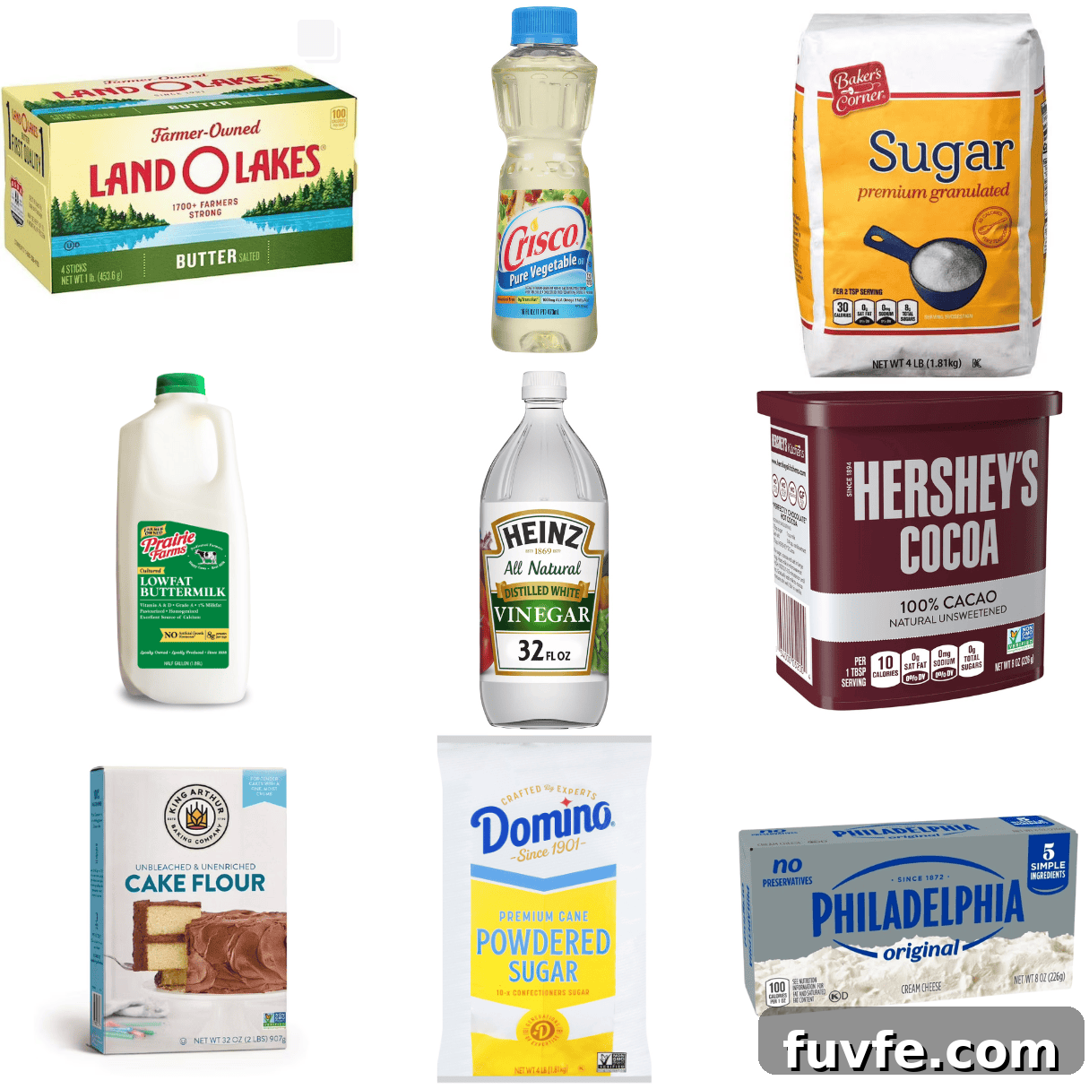 Moist Red Velvet Cake Made With Buttermilk 3 ingredients including butter, oil, sugar, buttermilk, vinegar, cocoa powder, cake flour, cream cheese, and powdered sugar.