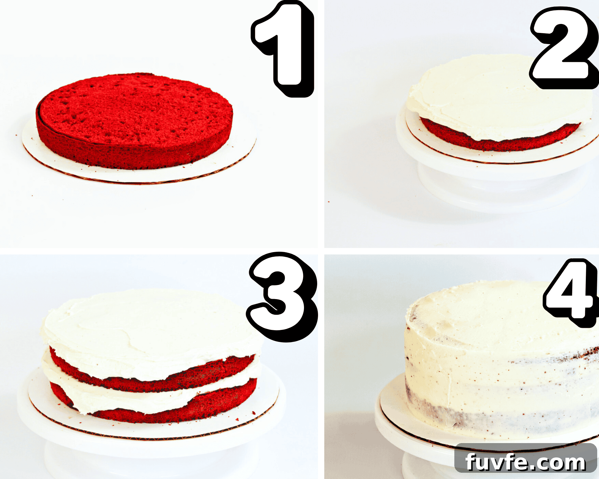Moist Red Velvet Cake Made With Buttermilk 4 a four image collage showing how to assemble and frost a red velvet cake.