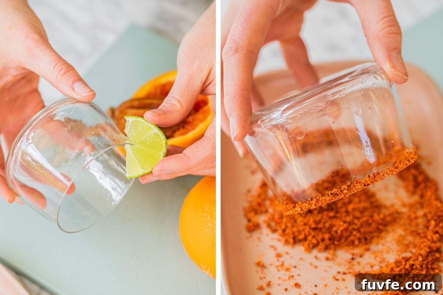 rimming an old fashioned glass with lime juice and then dipping it in tajin