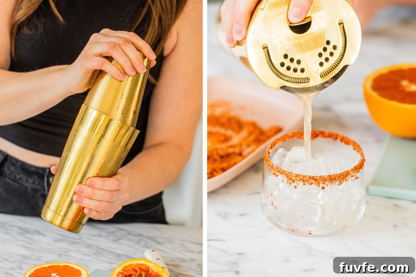 using a cocktail shaker to mix the margarita and then straining it into a glass full of ice rimmed with tajin