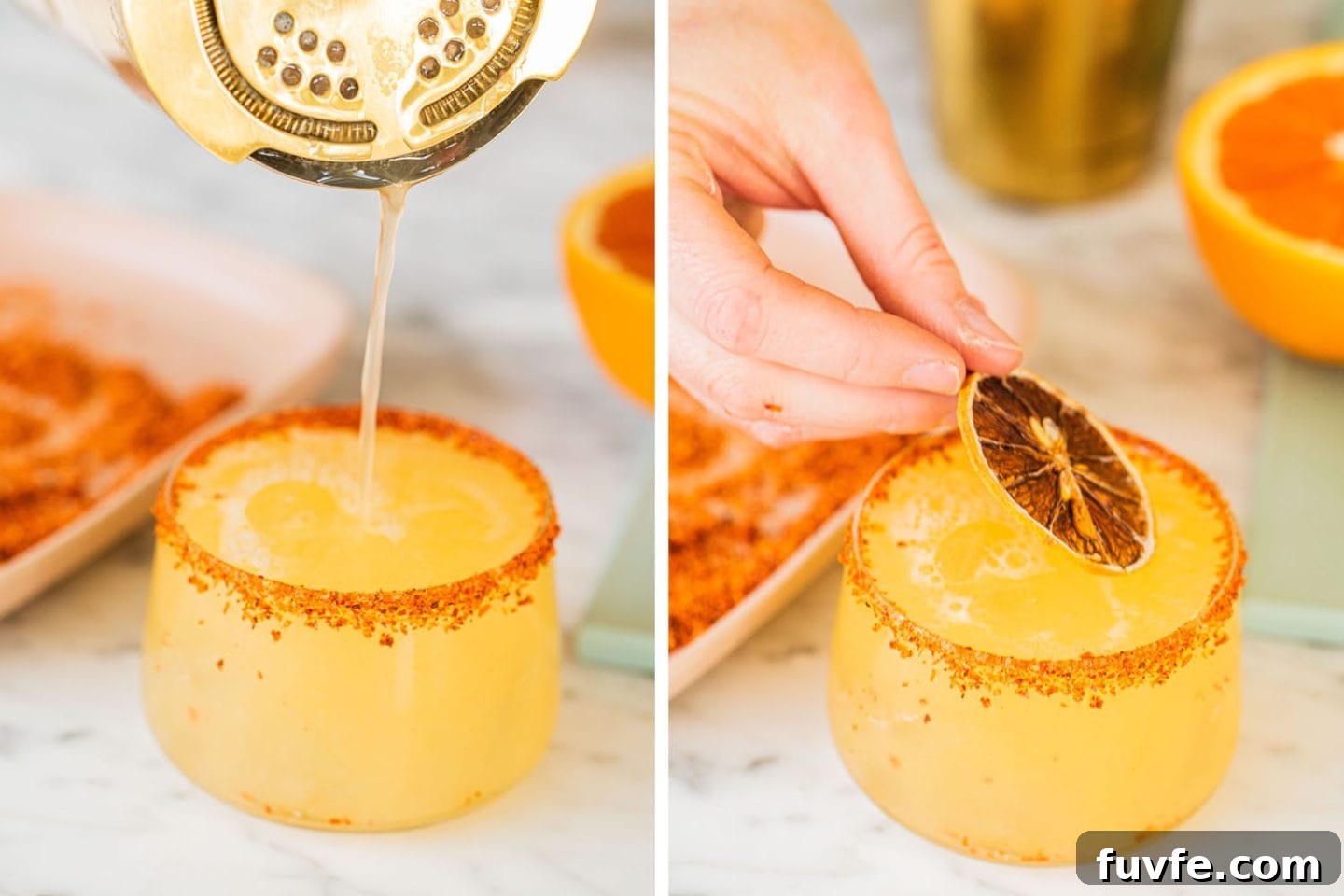 an orange margarita being poured into the prepared rimmed glass and being garnished with a slice of orange