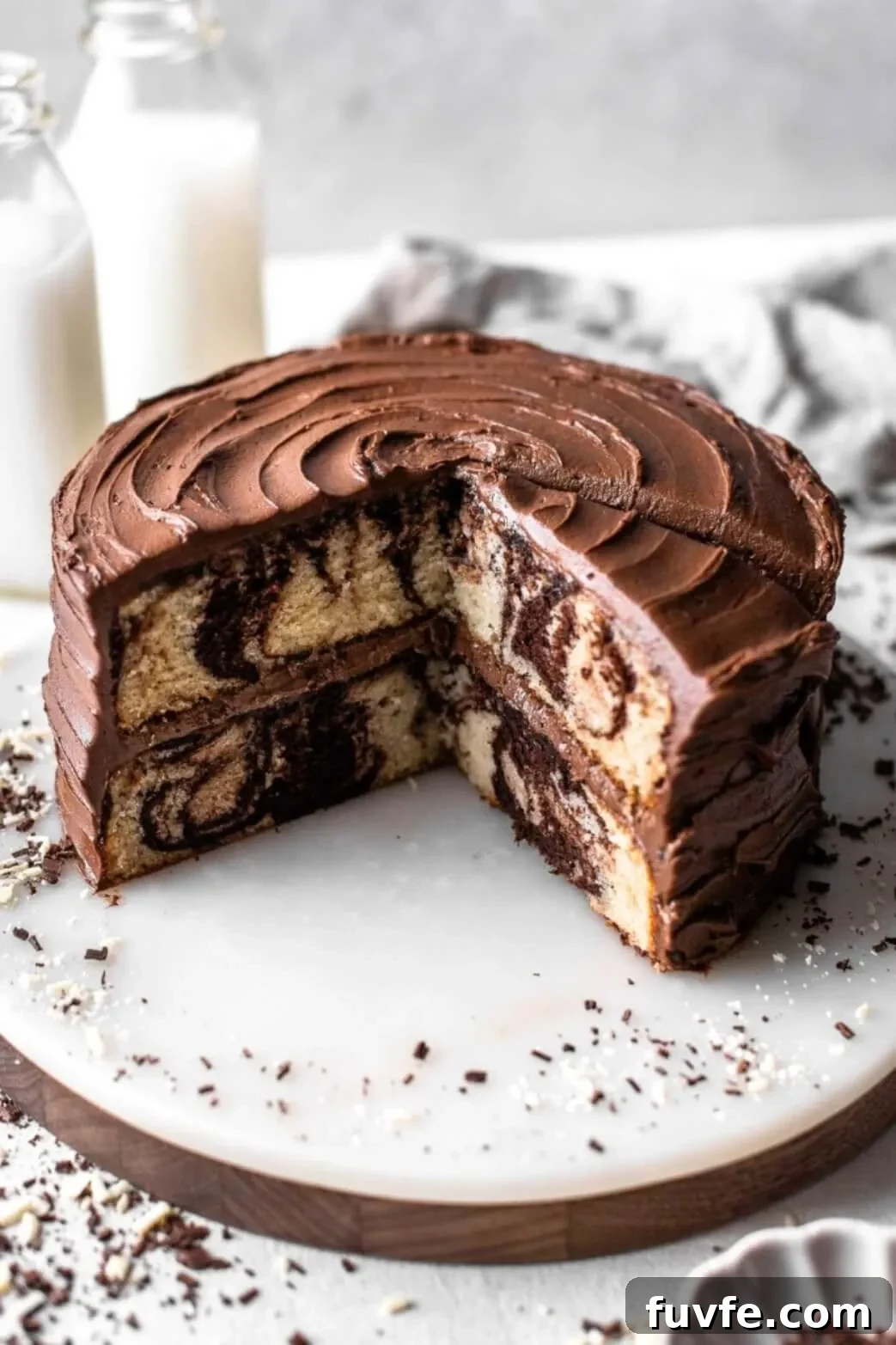 Classic Marble Cake Recipe with Swirled Chocolate-Vanilla Layers 13 sliced marble cake on cake stand