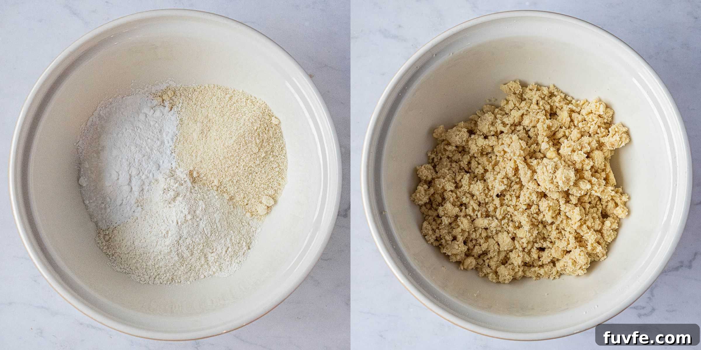 Step 1, a two image collage of mixing the dry ingredients and rubbing in the butter.