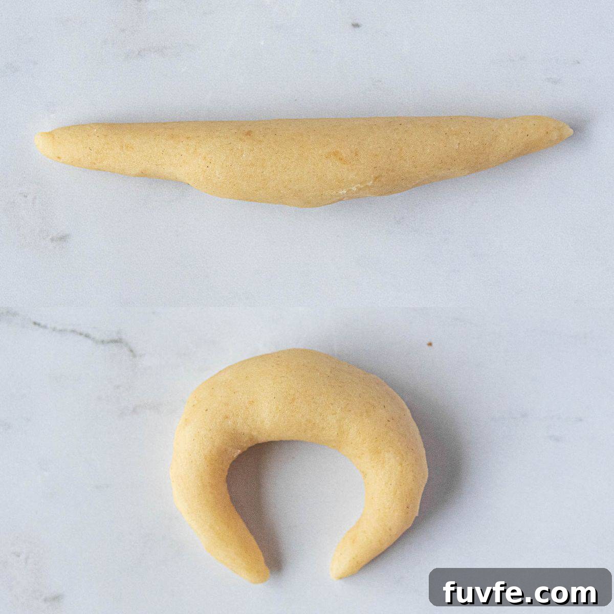 Step 2, a two image collage of shaping the vanillekipferl.