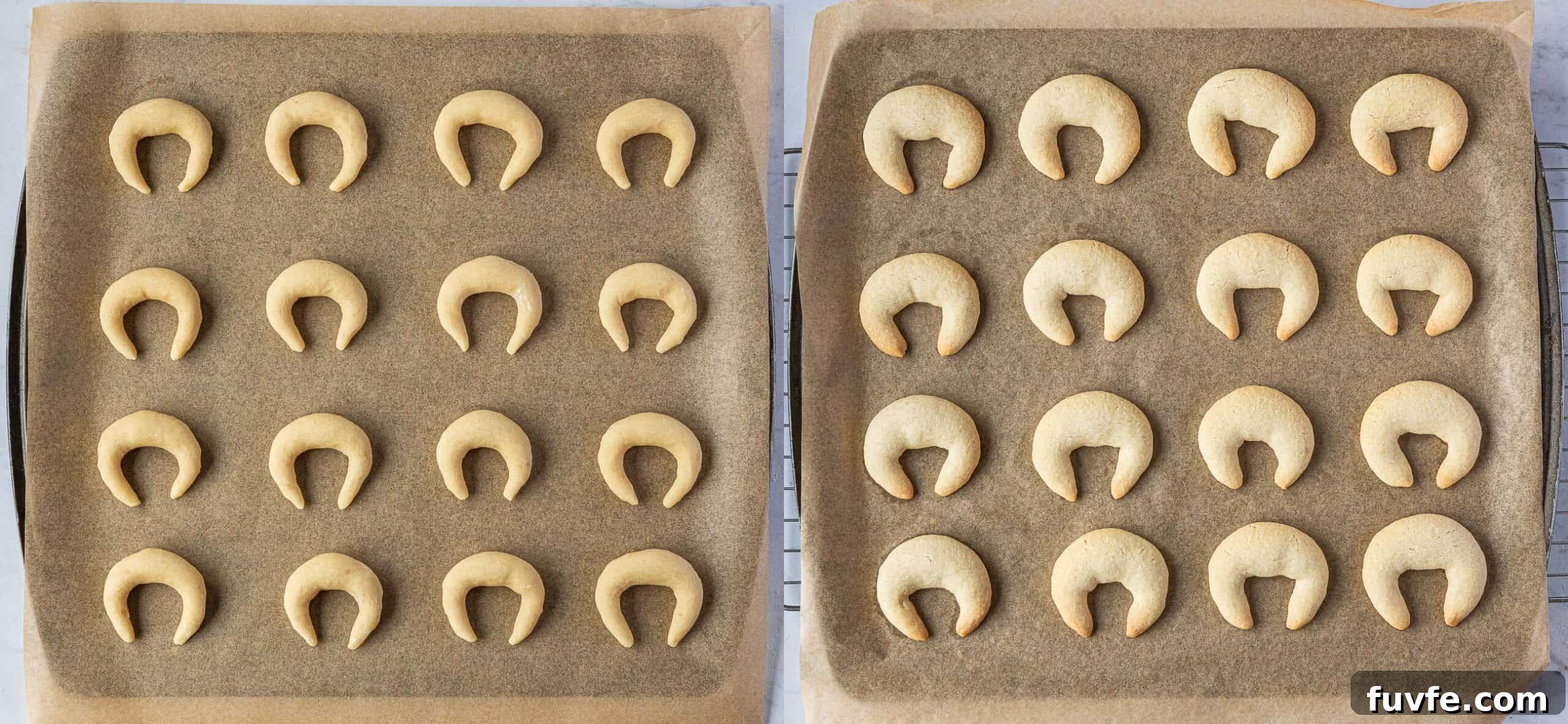Step 5, a atwo image collage of the vanillekipferl before and after baking.