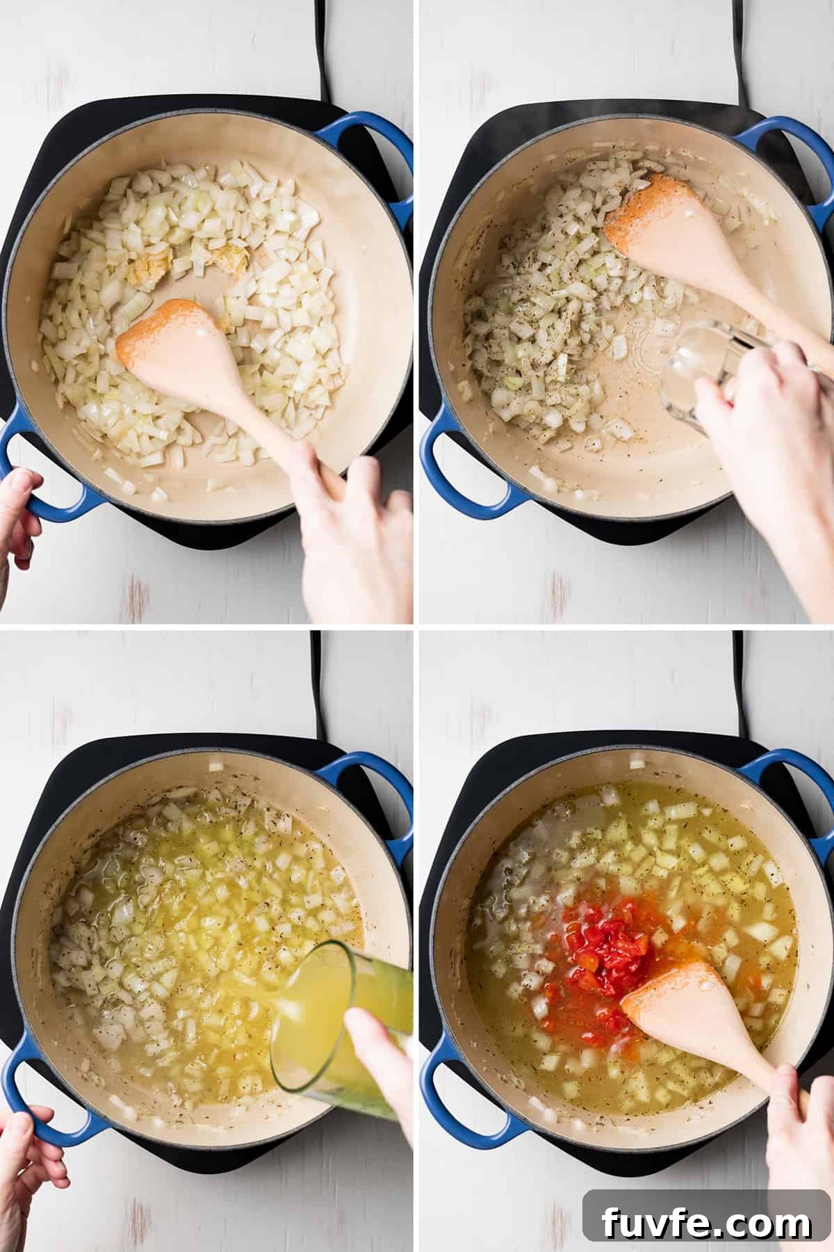 Sauteeing onions in pot, adding chicken broth, and canned tomatoes.