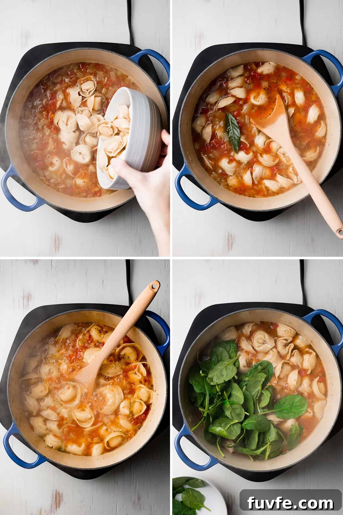 Adding tortellini to the pot with wooden spoon, spinach on top.