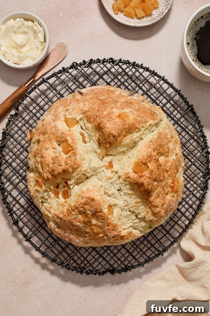Irish soda bread with orange zest and apricots on a wire rack.