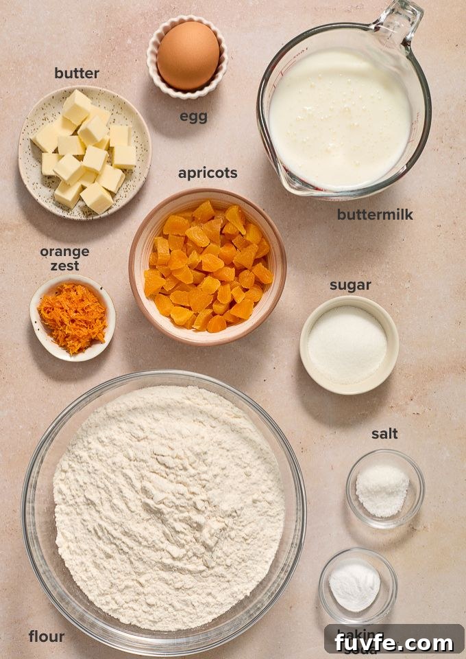 Fruity Irish soda bread recipe ingredients labelled.