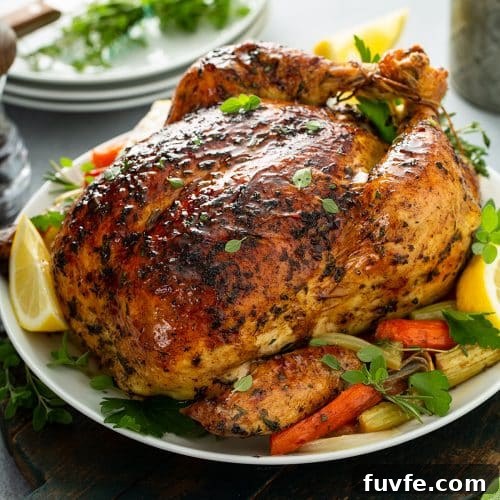Herb-Butter Roast Chicken Recipe for Juicy Crispy Skin 14 a whole roasted chicken on a white plate with roasted vegetables