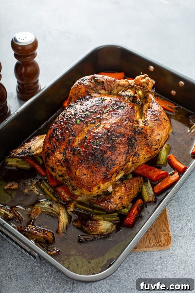 Herb-Butter Roast Chicken Recipe for Juicy Crispy Skin 8 top view of a whole roasted chicken in a roasting pan with vegetables and their juices