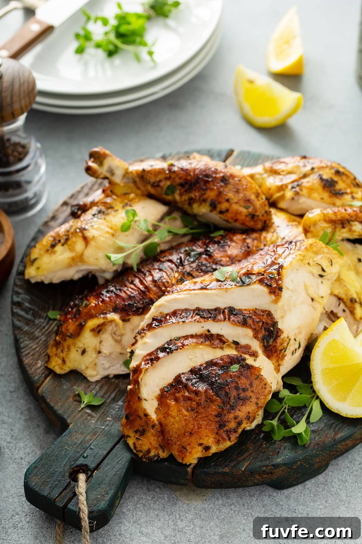 Herb-Butter Roast Chicken Recipe for Juicy Crispy Skin 9 Roasted chicken carved on a wooden board.