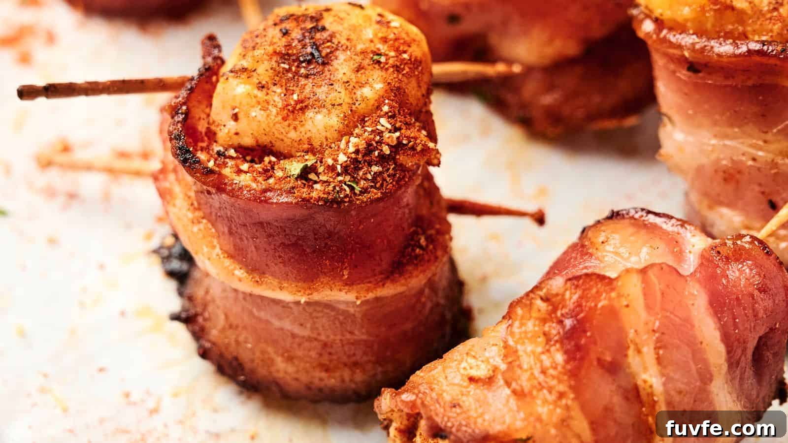 Close-up of bacon-wrapped scallops secured with toothpicks, seasoned with spices, and cooked until golden and crispy.