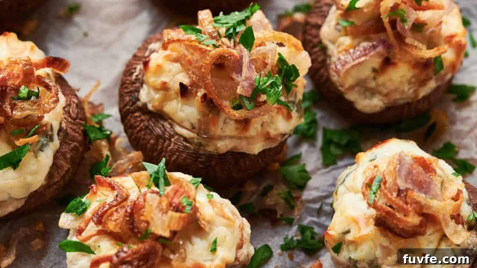 Stuffed mushrooms with crispy shallots and parsley.