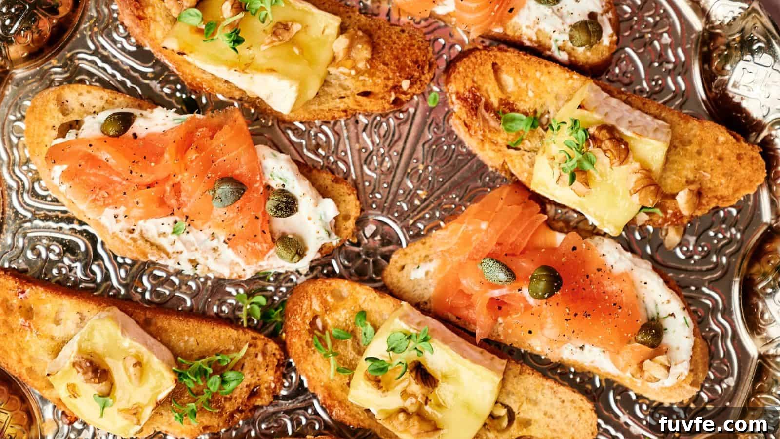 Toasted bread topped with smoked salmon, capers, cheese, walnuts, and herbs on a decorative silver tray.