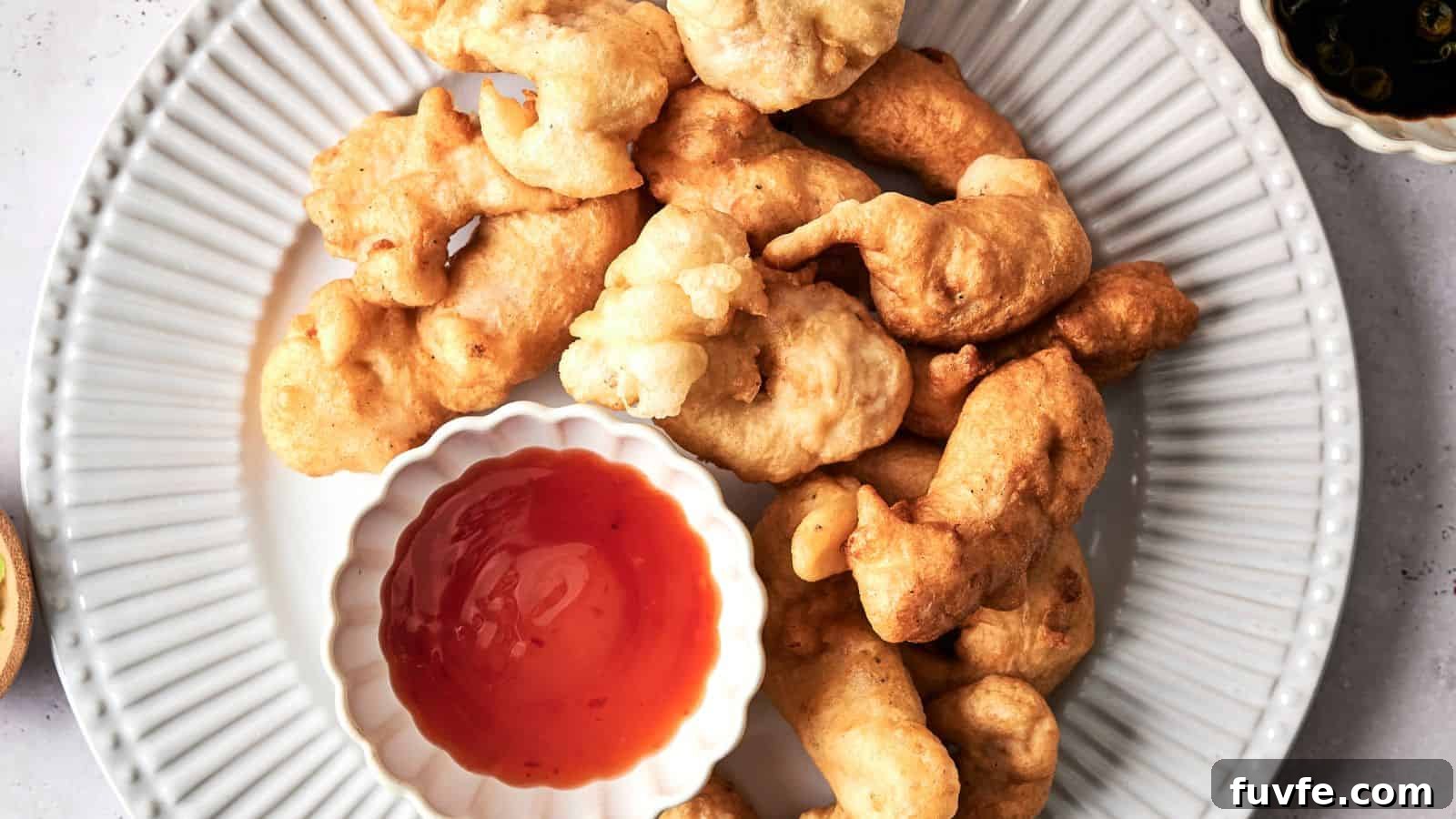 Plate of batter-fried fritters with a bowl of red dipping sauce on a white plate, viewed from above.