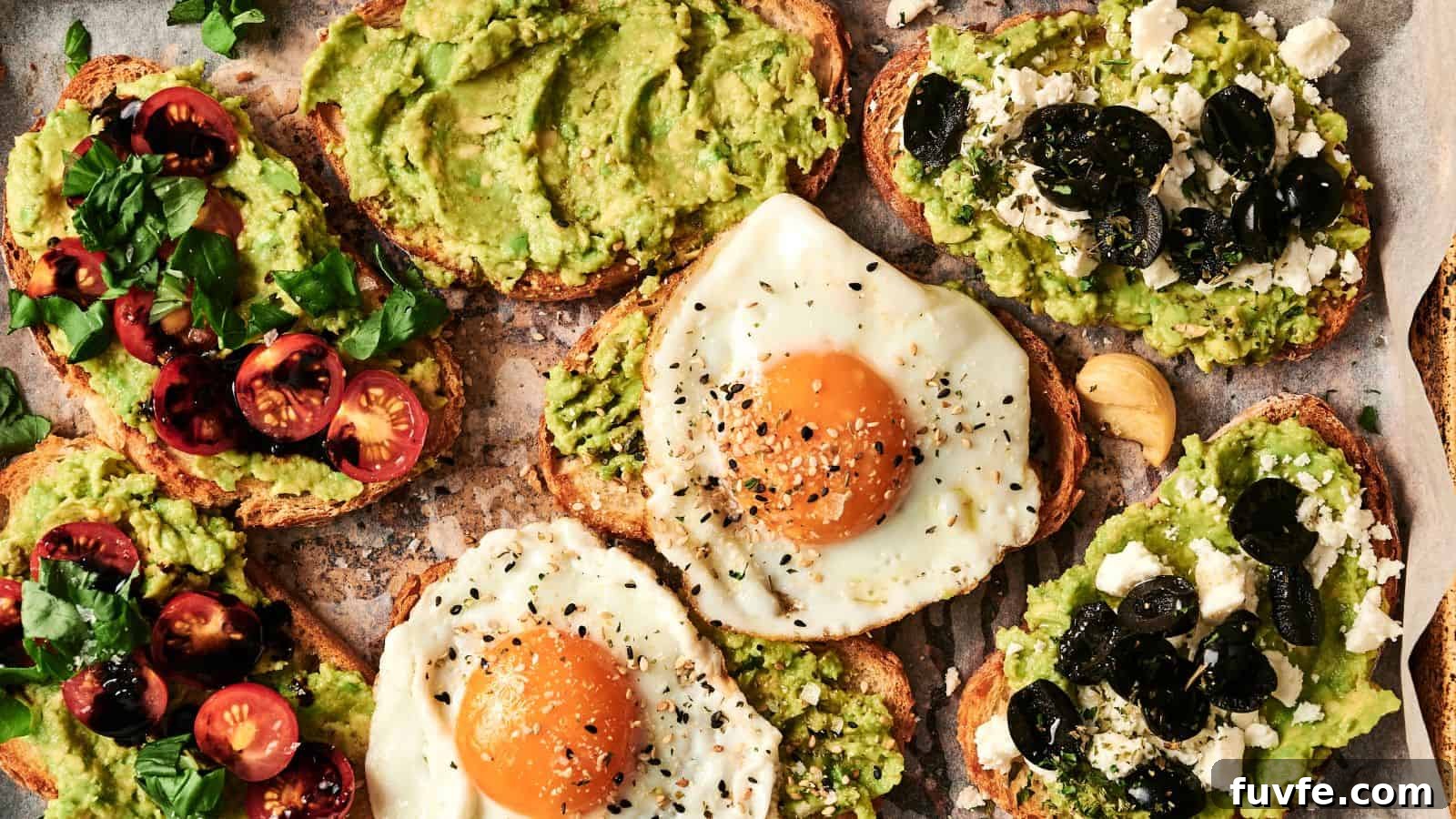 Various avocado toasts with toppings including cherry tomatoes, fried eggs, black olives, and feta cheese on a parchment-lined surface.