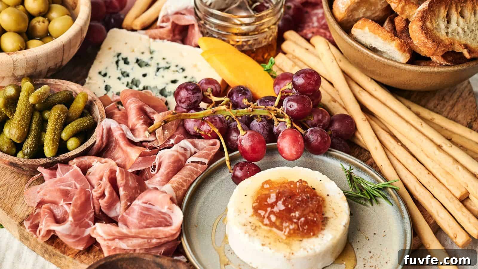 A charcuterie board featuring prosciutto, pickles, green olives, blue cheese, breadsticks, baguette slices, grapes, a jar of honey, and a round cheese topped with a dollop of jam.