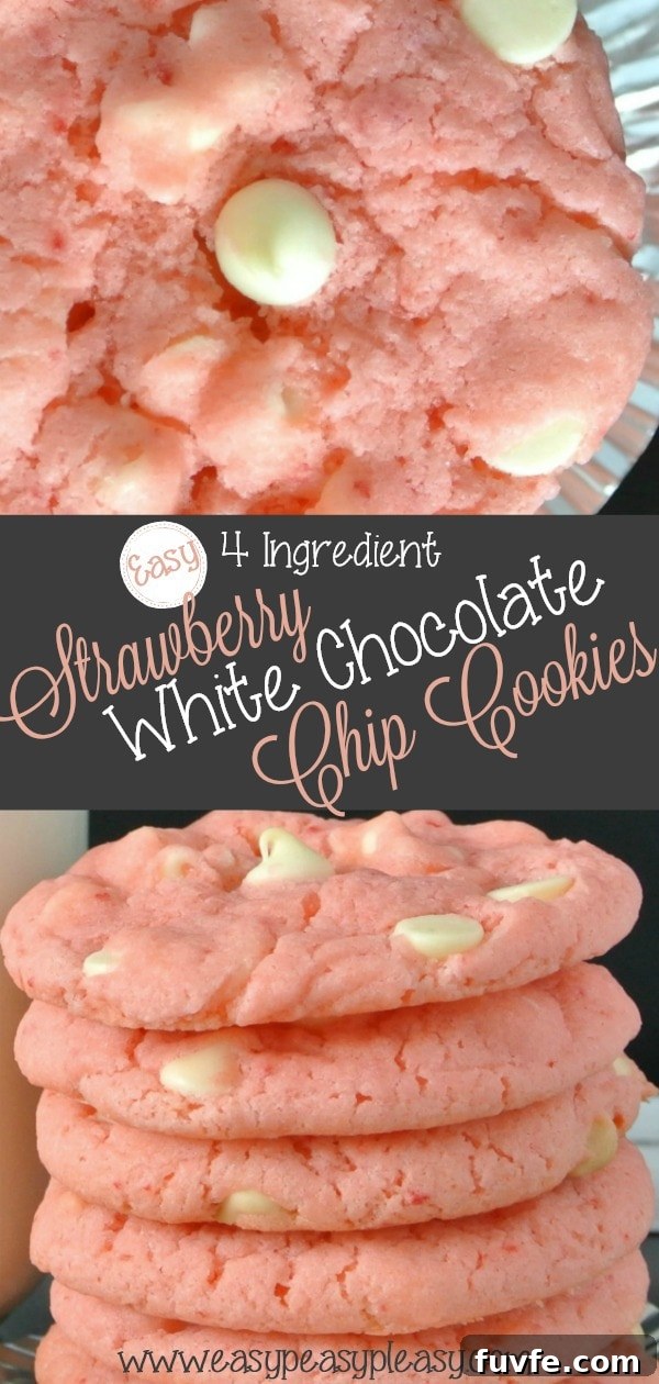 All you need is 4 ingredients to the best Strawberry White Chocolate Chip Cookies. #semihomemade #cookies #cakemix #cakemixcookies #whitechocolate