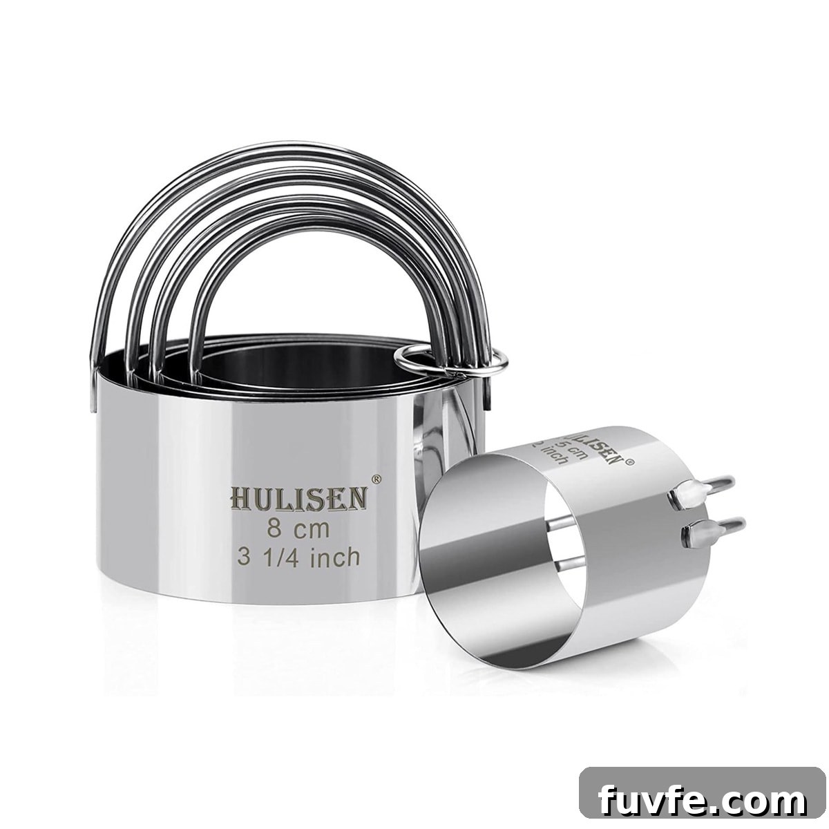 A stainless steel set of biscuit cutters.