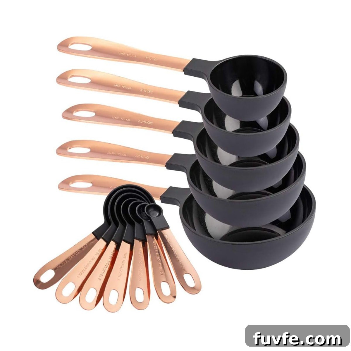 A set of black measuring cups and spoons.