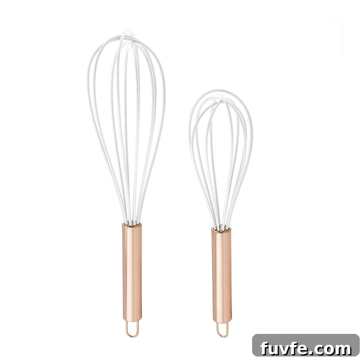 Two wire whisks with gold handles.