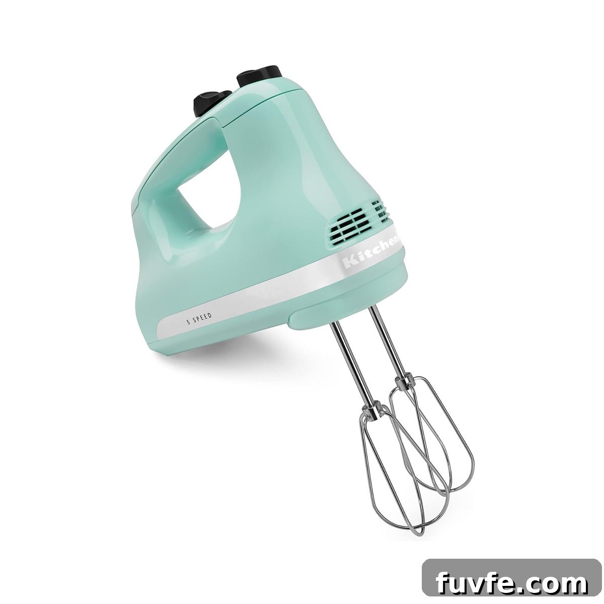 A turquoise KitchenAid hand mixer.