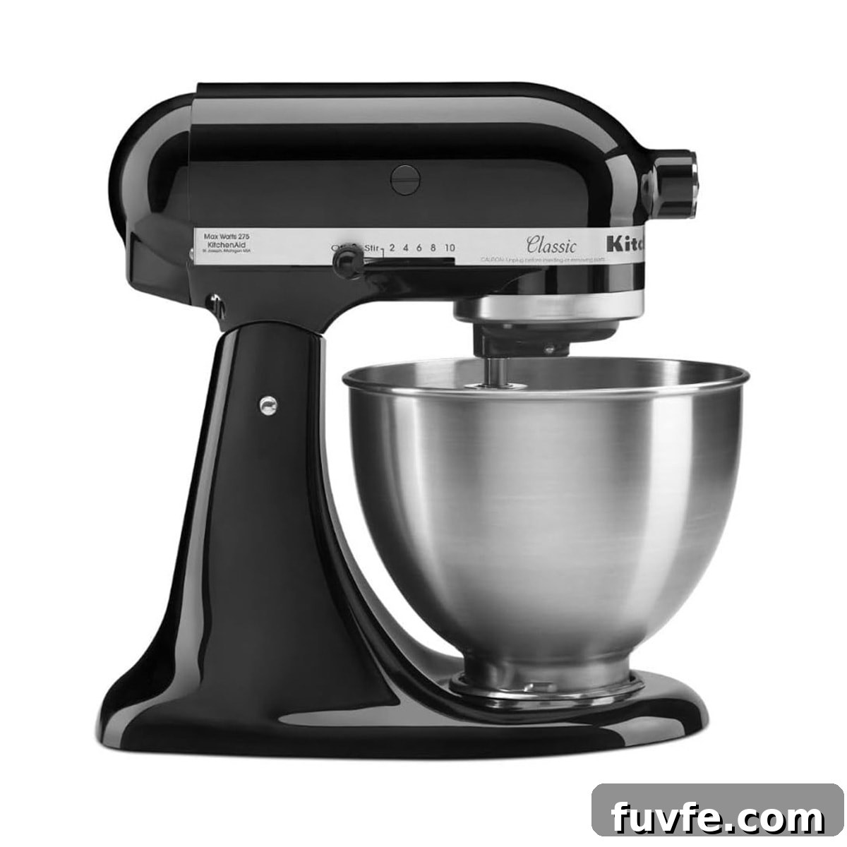 A black KitchenAid stand mixer.