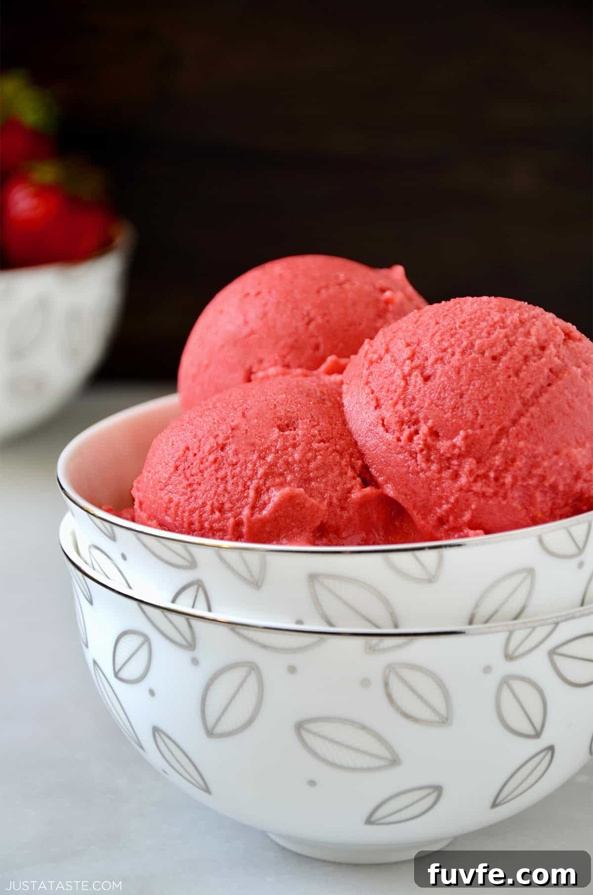 Quick Strawberry Frozen Yogurt Recipe Ready in 5 Minutes 6 Strawberry froyo in a small bowl.