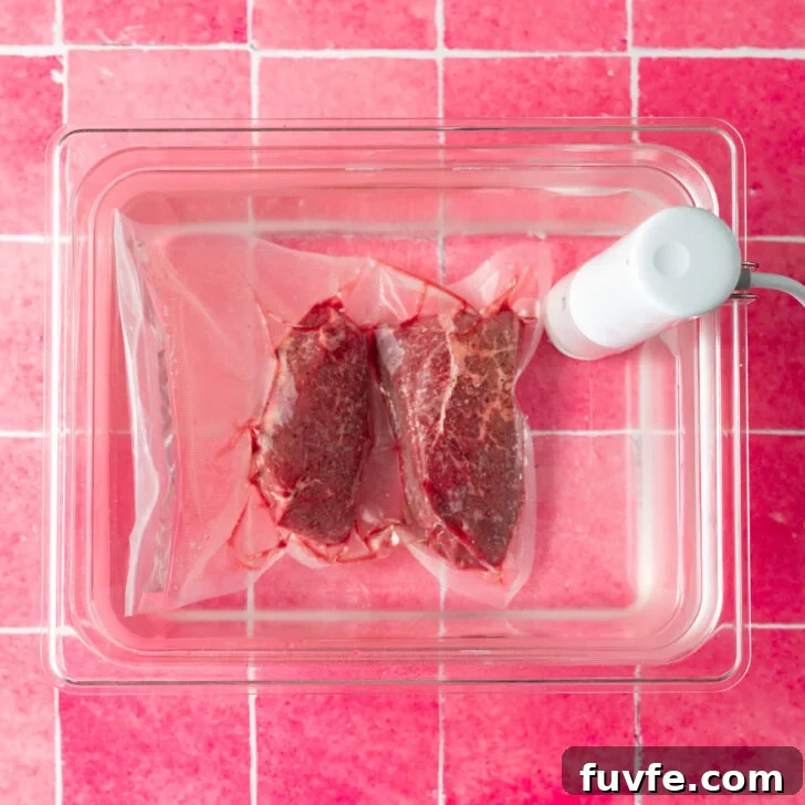 Sous Vide vs Slow Cooker: Which Method Makes Better Meals? 2 Vacuum sealed steaks in sous vide water bath on pink surface.