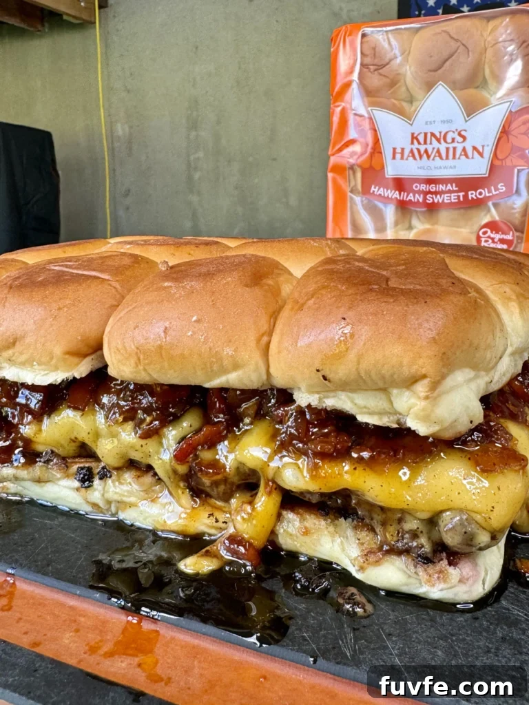 Bacon Jam Cheeseburger Sliders Recipe for Party Appetizers 7 buns on the top of the bacon jam sliders