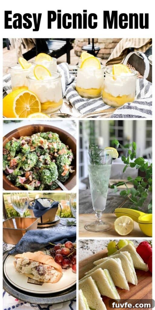 Pinterest graphic showing five different meal courses of an Easy Picnic Menu