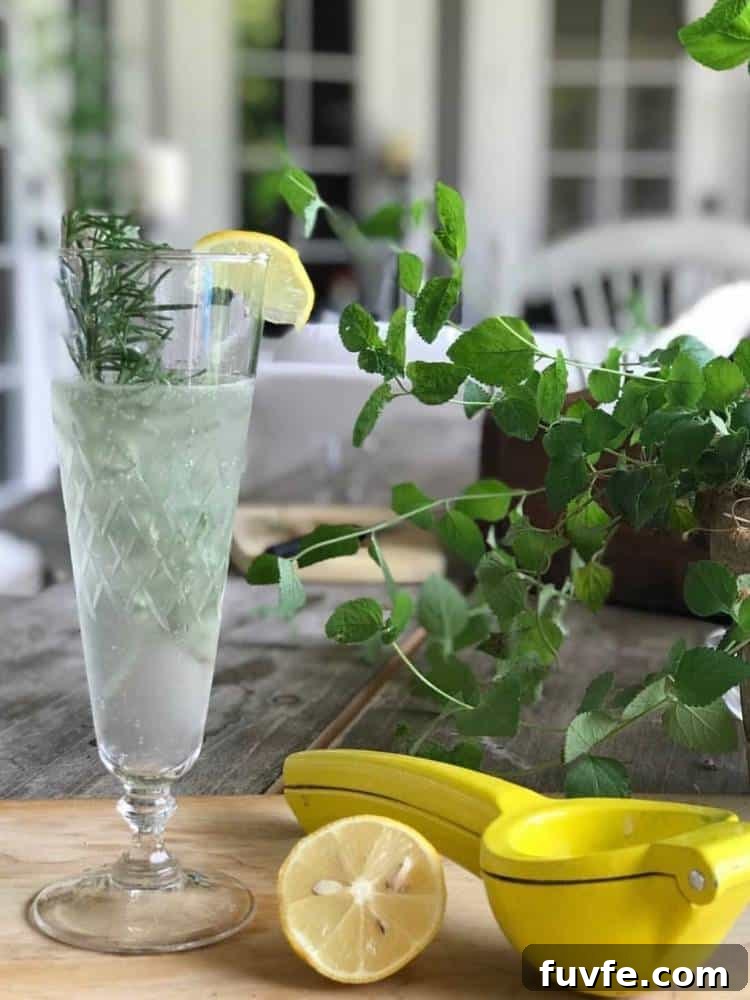 Tall pedestal glass with a citrus cocktail garnished with a lemon wedge and a sprig of fresh parsley sitting on a table next to a juicer and half a lemon.