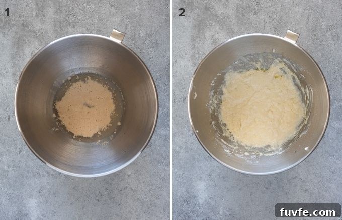 Collage of bloomed yeast and added flour for focaccia pizza