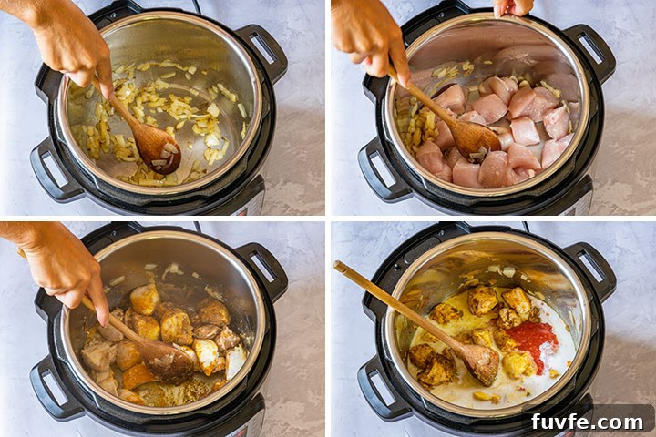 Step by step images showing how to make chicken tikka masala in the instant pot
