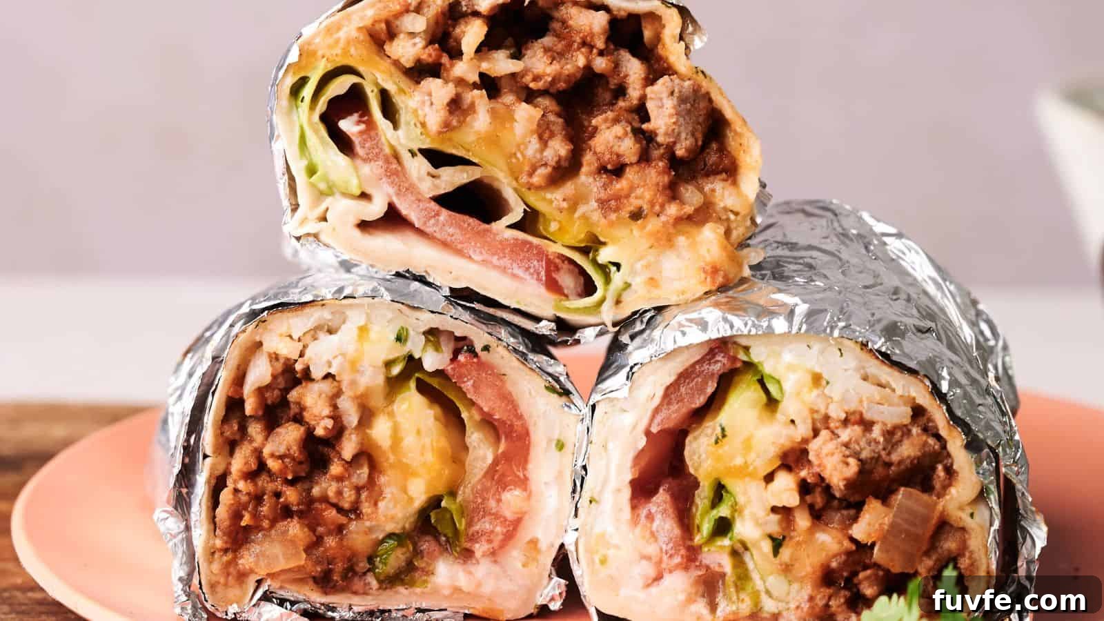 Three foil-wrapped burrito halves filled with ground meat, cheese, lettuce, and tomato are stacked on a pink plate.