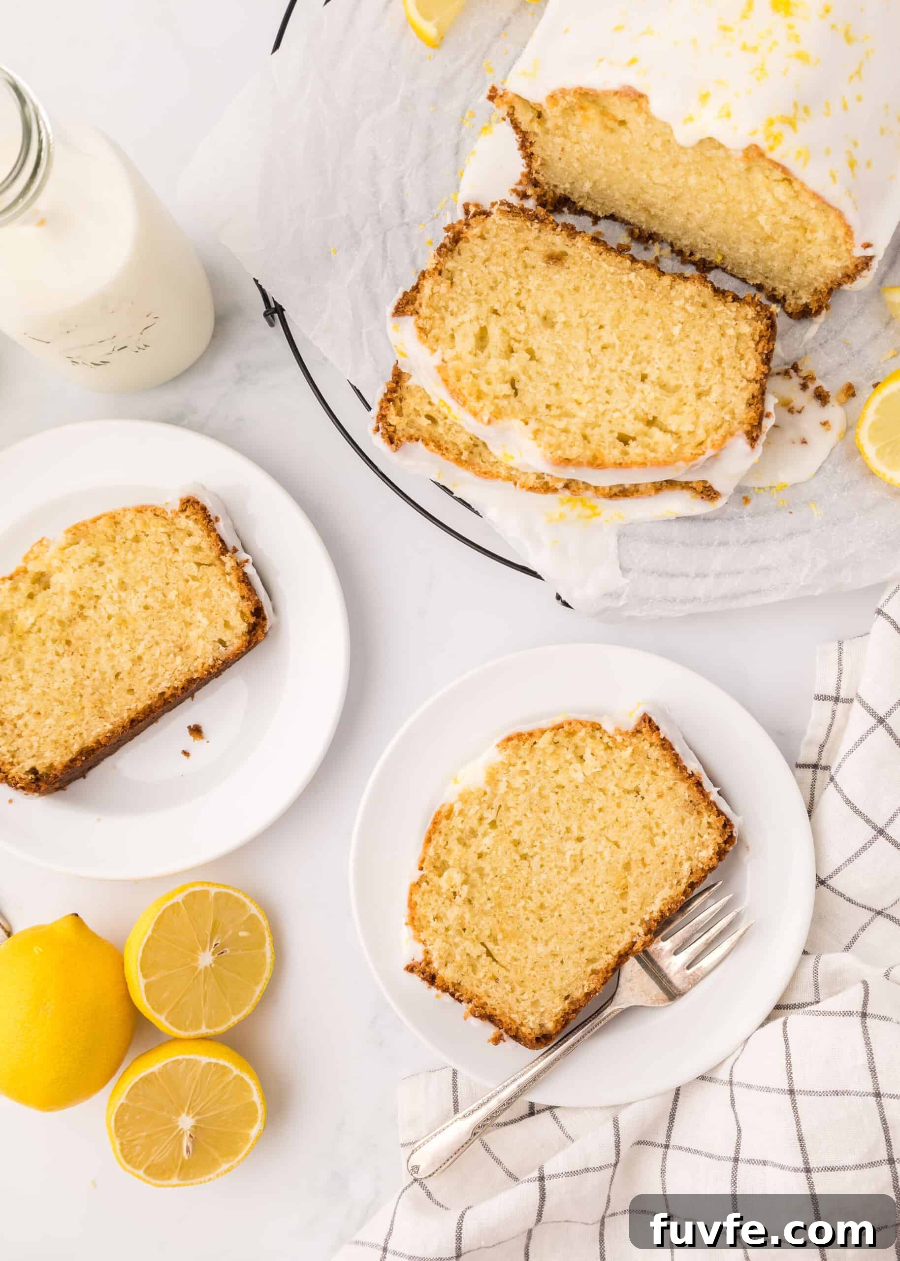 Zesty Iced Lemon Loaf Recipe for a Moist Citrus Cake 4 Overhead photos of two slices of lemon loaf on small, white plates.