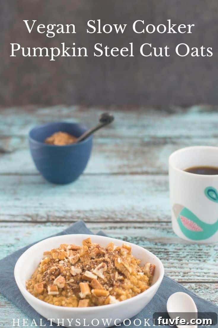 Vegan Slow-Cooker Pumpkin Steel-Cut Oats Recipe 4 In case you didn't already know, I am in love with everything pumpkin and autumn. Slow Cooker Pumpkin Steel Cut Oats is a breakfast with a healthy base of hearty oats flavored with pumpkin and spices. Add the topping for a sweeter oatmeal, or just stir in a little applesauce or date paste.