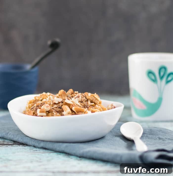 Vegan Slow-Cooker Pumpkin Steel-Cut Oats Recipe 6 Vegan Slow Cooker Pumpkin Steel Cut Oats with a coffeecake topping in a white bowl