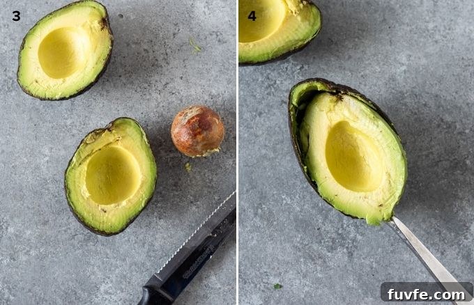Homemade Guacamole with Lime, Cilantro and Jalapeño 6 Removing pit and scooping out avocado collage
