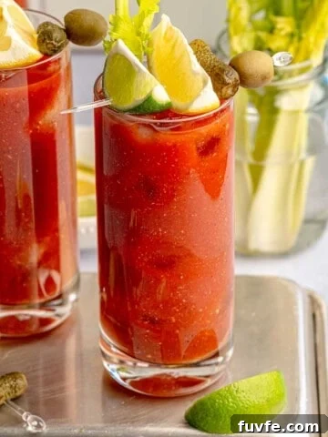 Virgin bloody marys garnished with lemon and lime wedges.