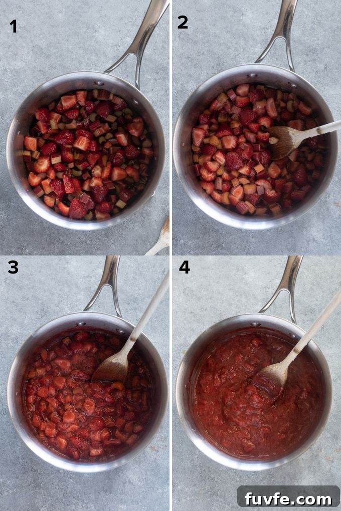Photo collage showing how to make strawberry rhubarb jam without pectin
