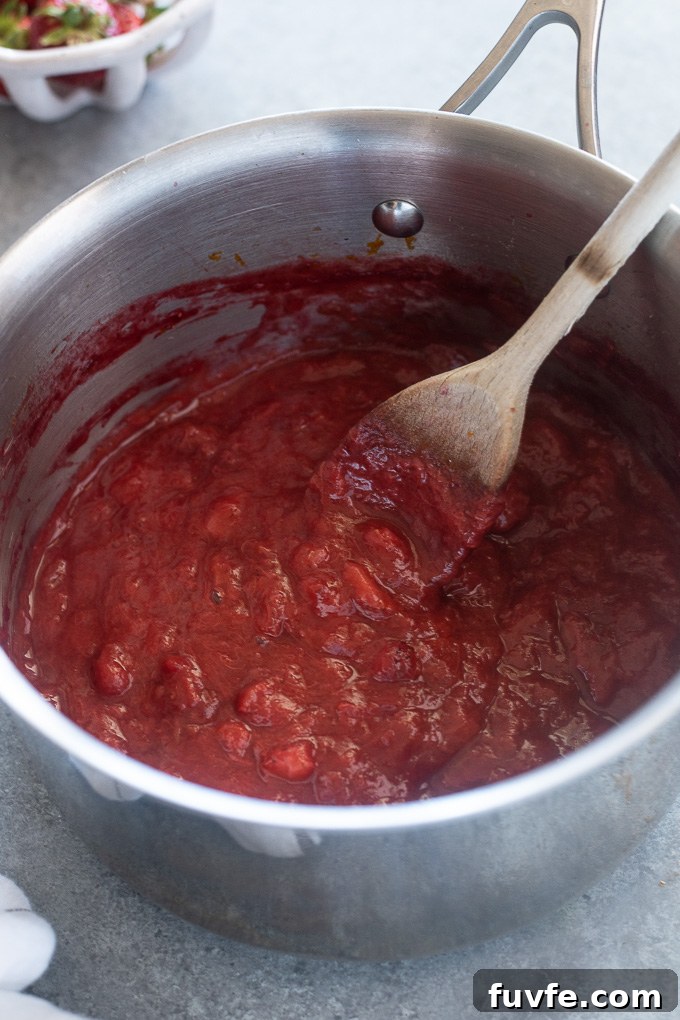 No pectin strawberry rhubarb jam in a sauce pan