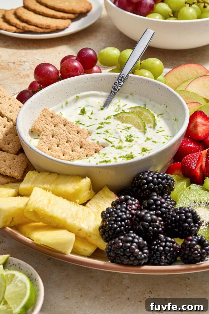 Greek yogurt fruit dip with graham crackers and spoon dipped in.