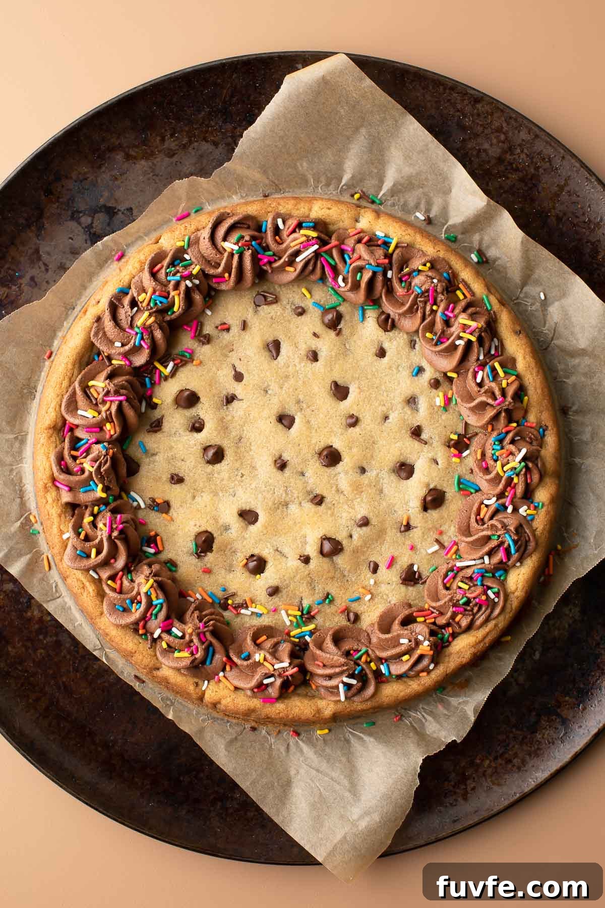 Homemade Cookie Cake with Chocolate Fudge Frosting and Sprinkles