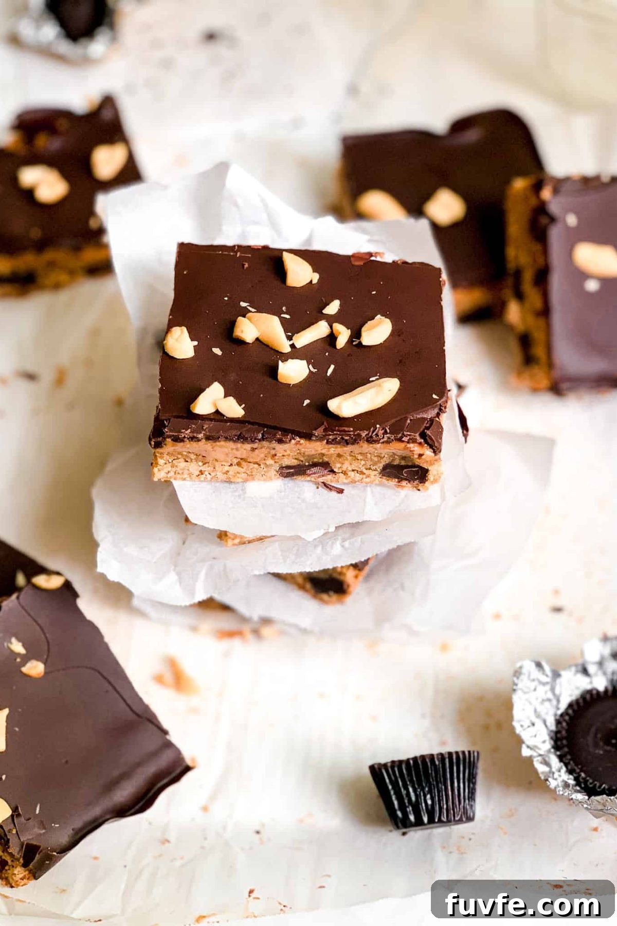Homemade Dessert Bars with Peanut Butter and Melted Dark Chocolate